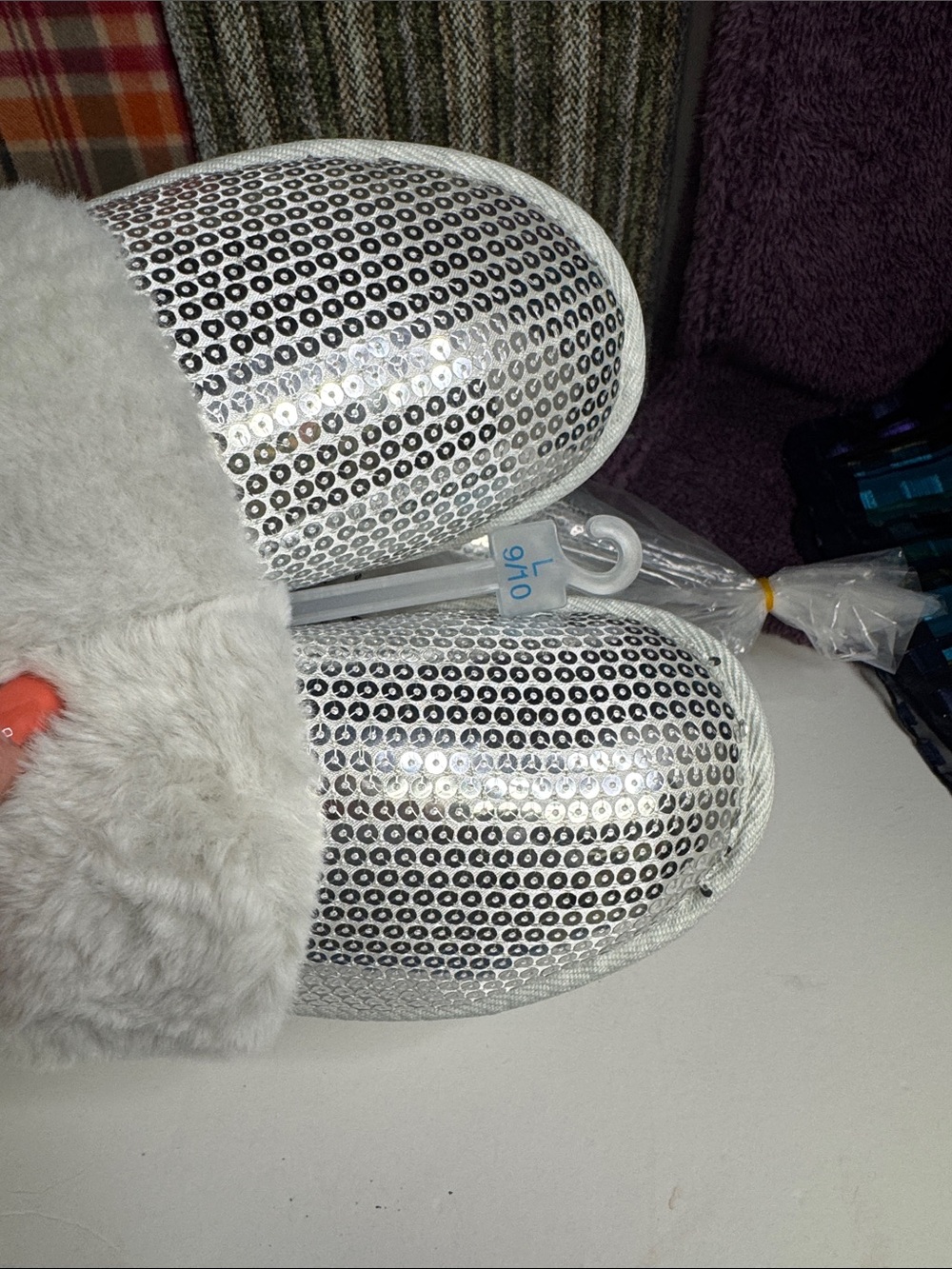 Women’s Silver Sequin Faux-Fur Slippers - White Faux Fur - Picture 2 of 4